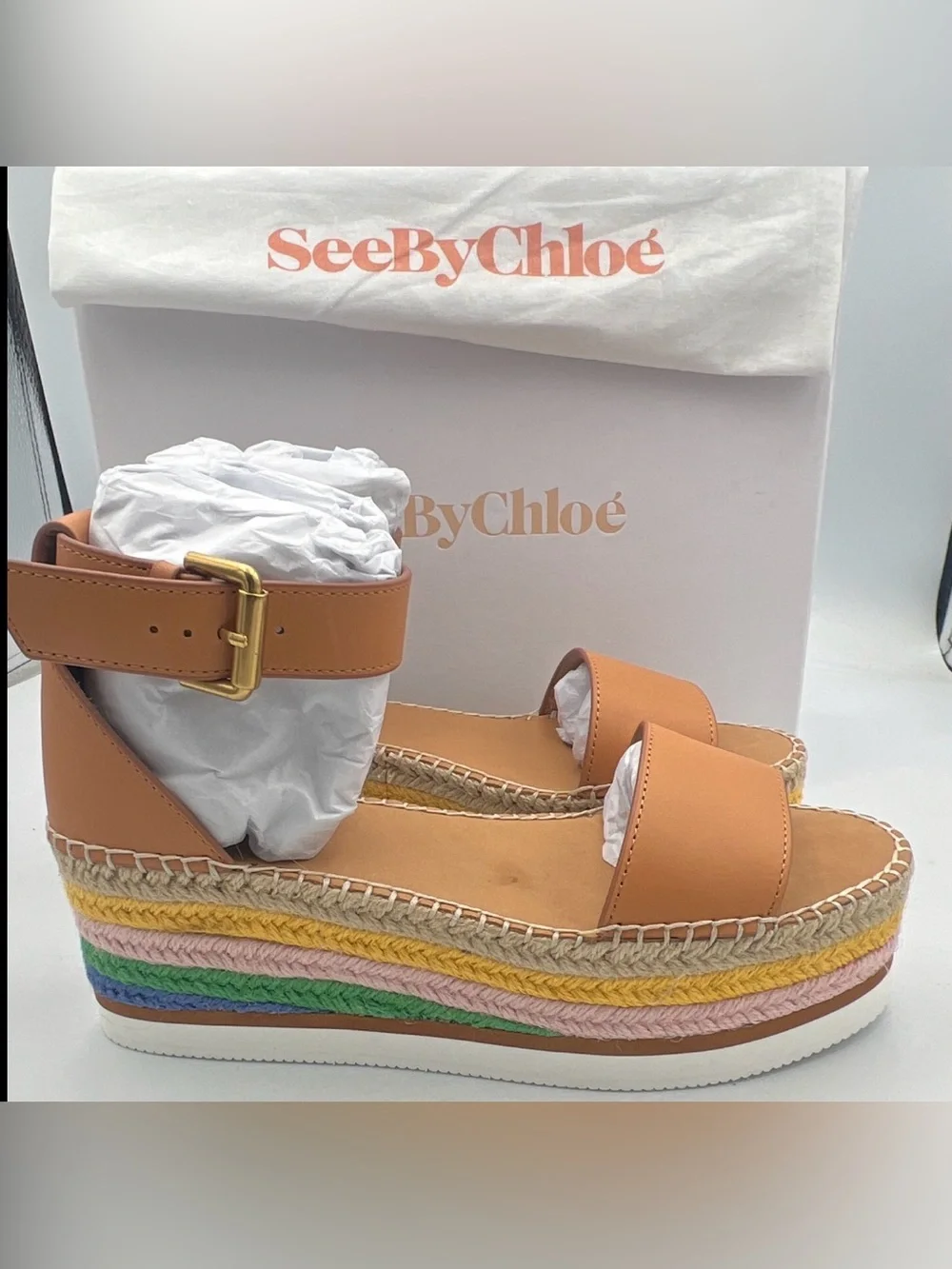 See by Chloé Glyn Tan Leather Espadrille Platform Wedge Sandal EU 40 NEWw/BOX